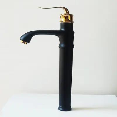 شیر روشویی پایه بلند بامبو مشکی طلایی